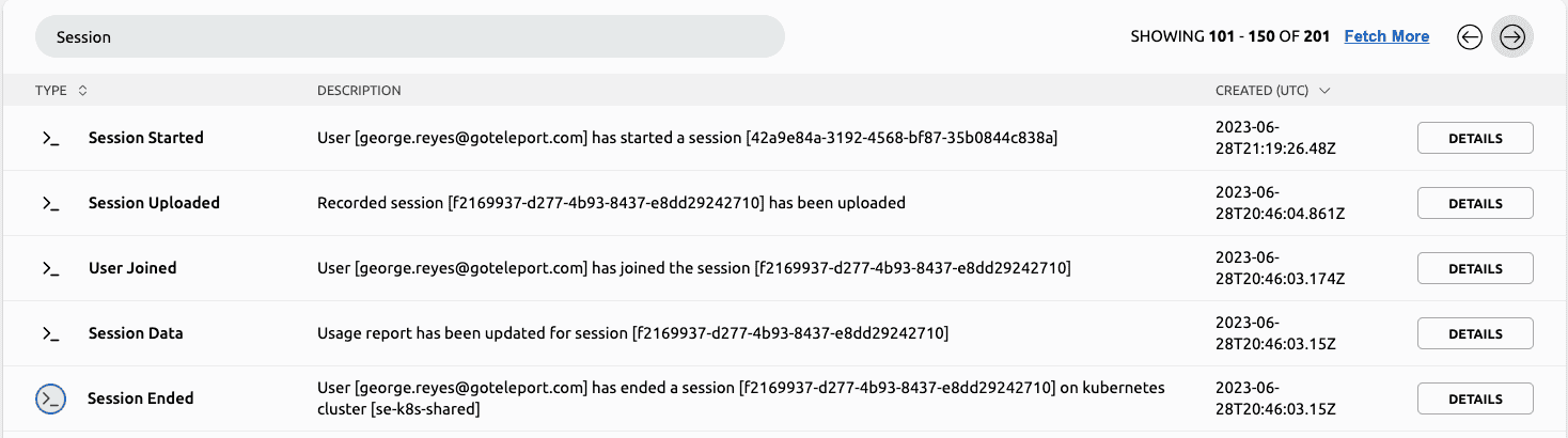 Screenshot: Teleport audit log filtered by session events, showing session start, upload, join, and end entries