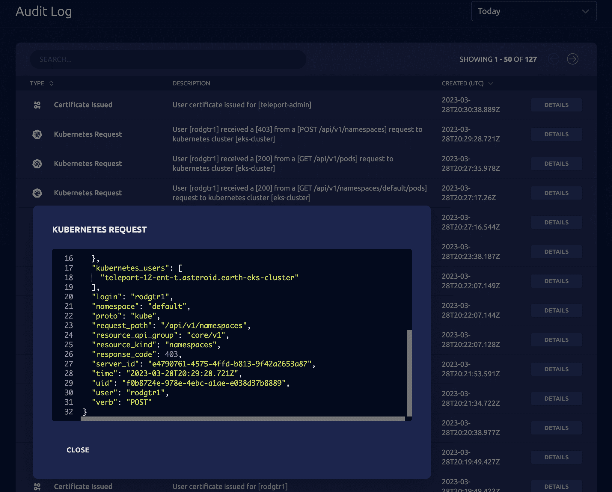 Teleport Kubernetes audit log screenshot