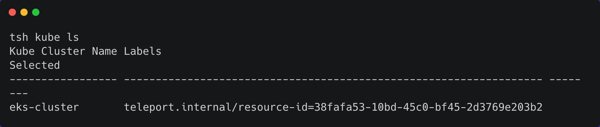 Terminal screenshot: tsh kube ls command