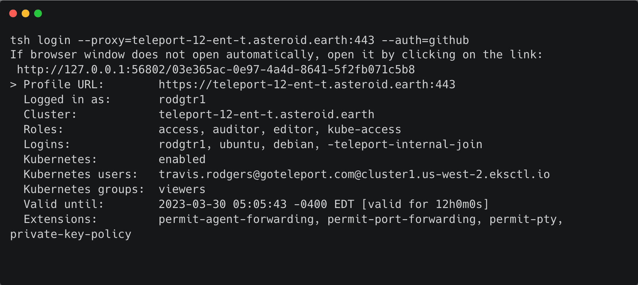 Terminal screenshot: tsh login with Kubernetes access
