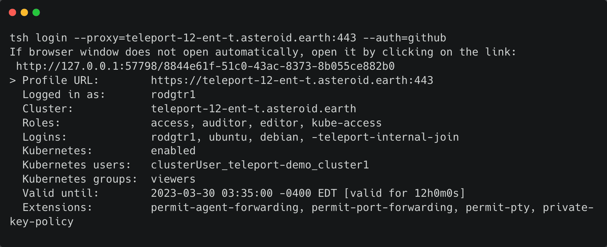 tsh login output showing Kubernetes access details and expiration time