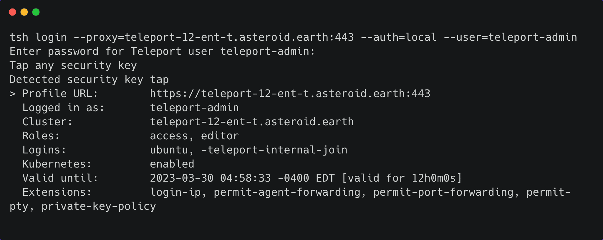 Terminal screenshot: tsh login local command
