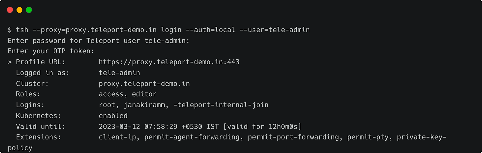 Teleport login interface showing user credentials and profile details.