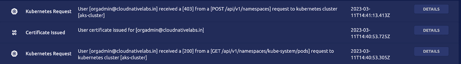Teleport Kubernetes request log details showing certificate issuance and namespace access attempts for user orgadmin@cloudnativelabs.in on March 11, 2023.