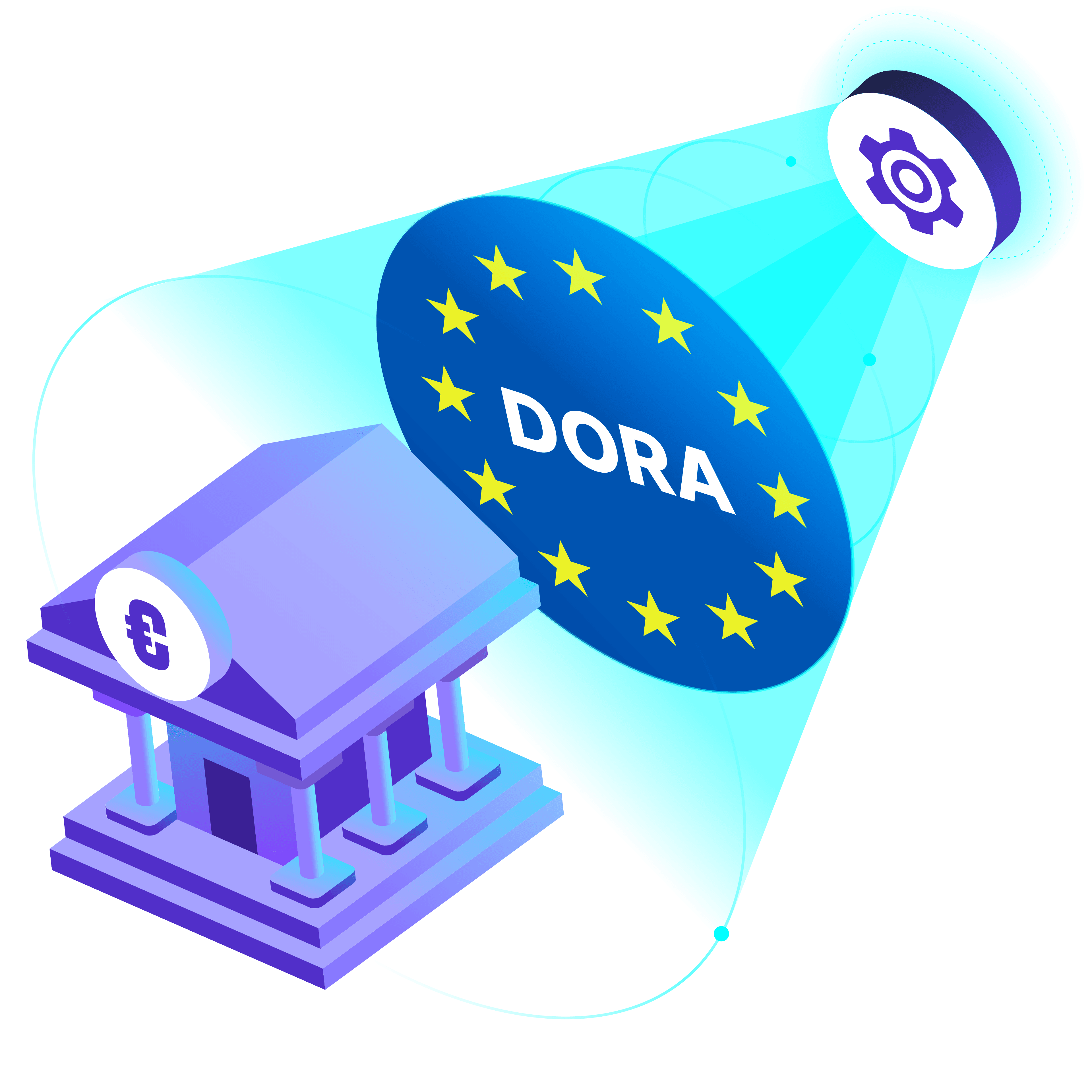 EU DORA compliance illustration with bank and gear icons