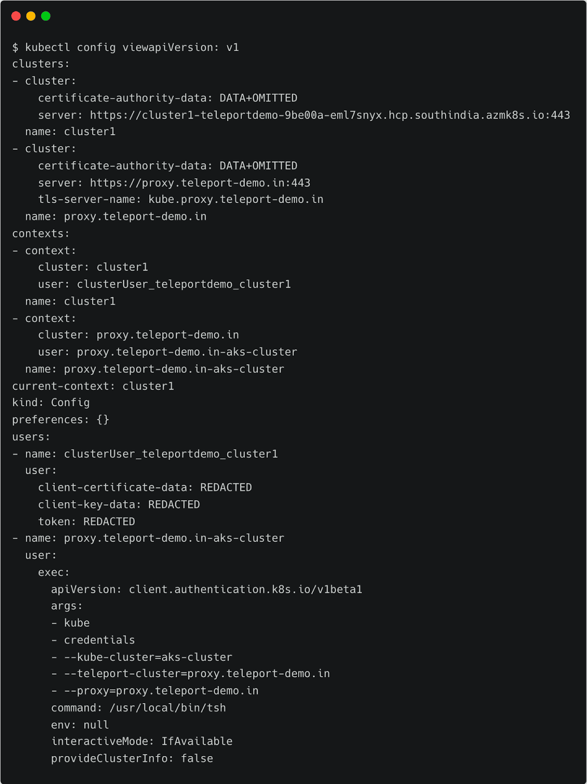 kubectl config view output showing Kubernetes cluster and user configurations with sensitive data redacted