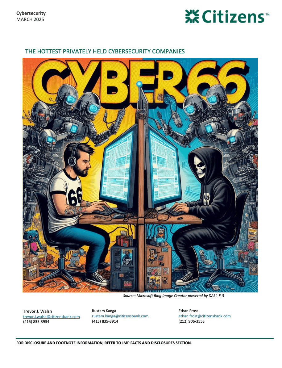 Cybersecurity infographic featuring "CYBER 66" with two individuals at computers, surrounded by robots and futuristic elements.