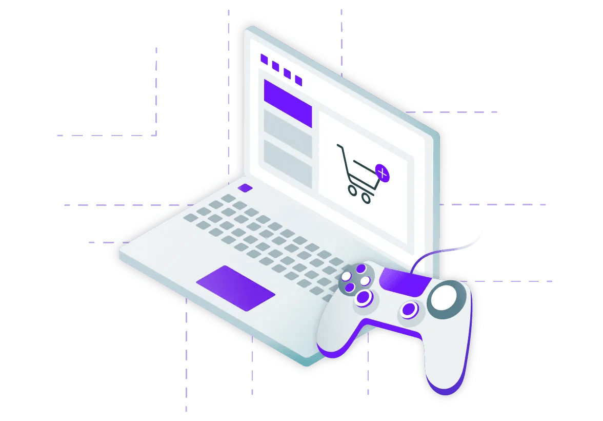 Online shopping cart on laptop with game controller.