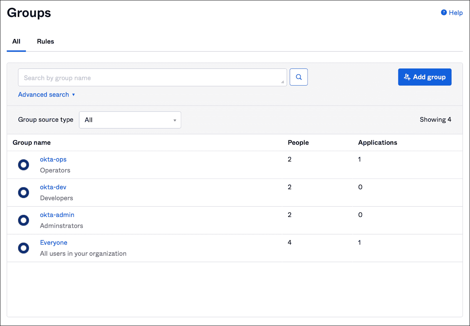 Teleport Groups UI page showing group management with search and add options, listing groups "okta-ops", "okta-dev", "okta-admin", and "Everyone".