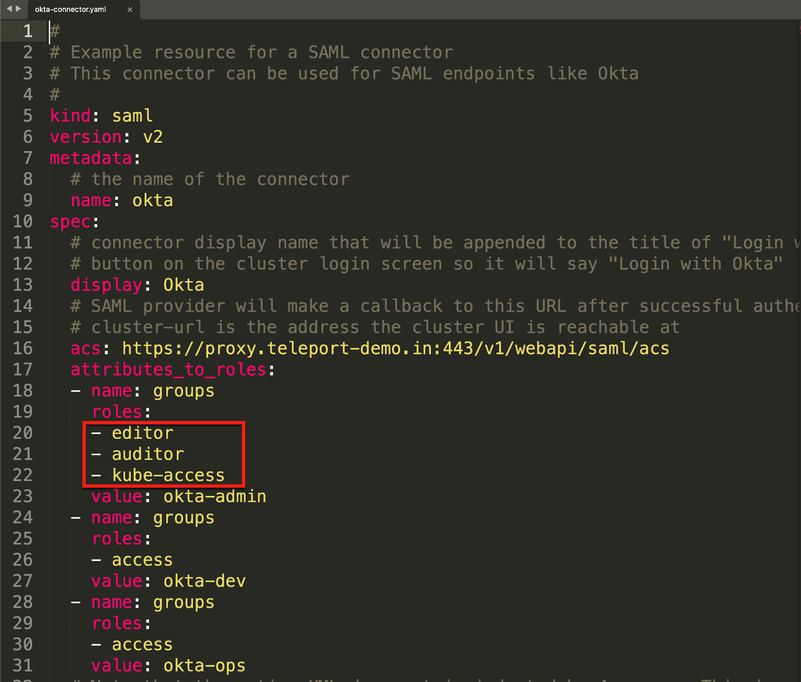 YAML configuration for Okta SAML connector with role mapping details