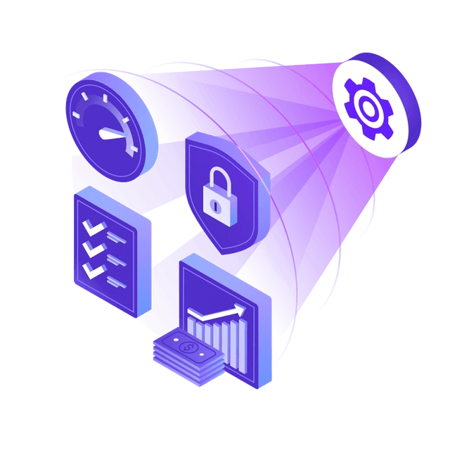 Teleport security features illustration with clock, shield, gear, and graph icons.