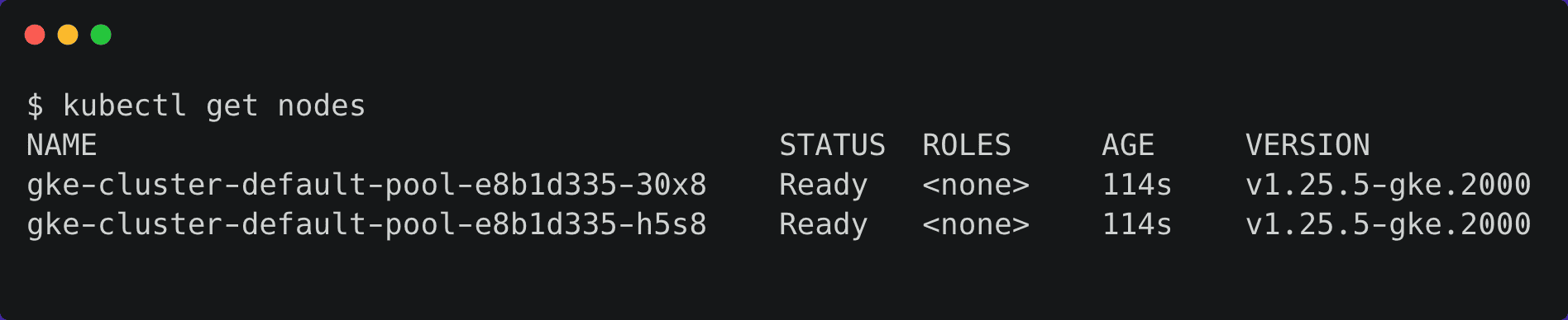 kubectl-get-nodes output showing Kubernetes nodes with status and version details