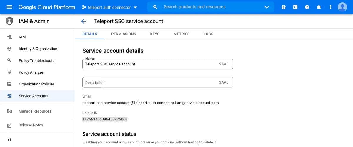 Screenshot: GCP IAM console showing Teleport SSO service account