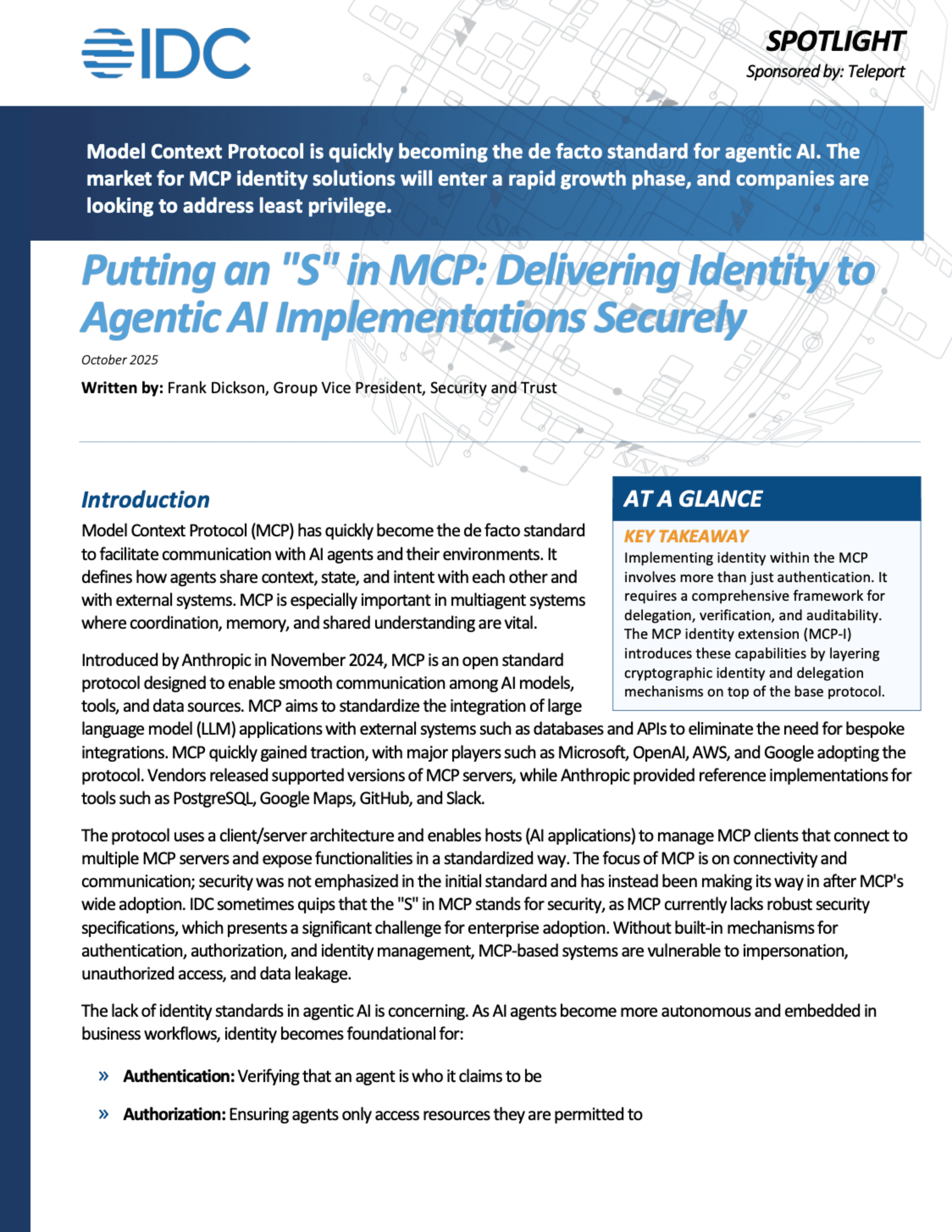 Book cover for "Putting an "S" in MCP: Delivering Identity to Agentic AI Implementations Securely"