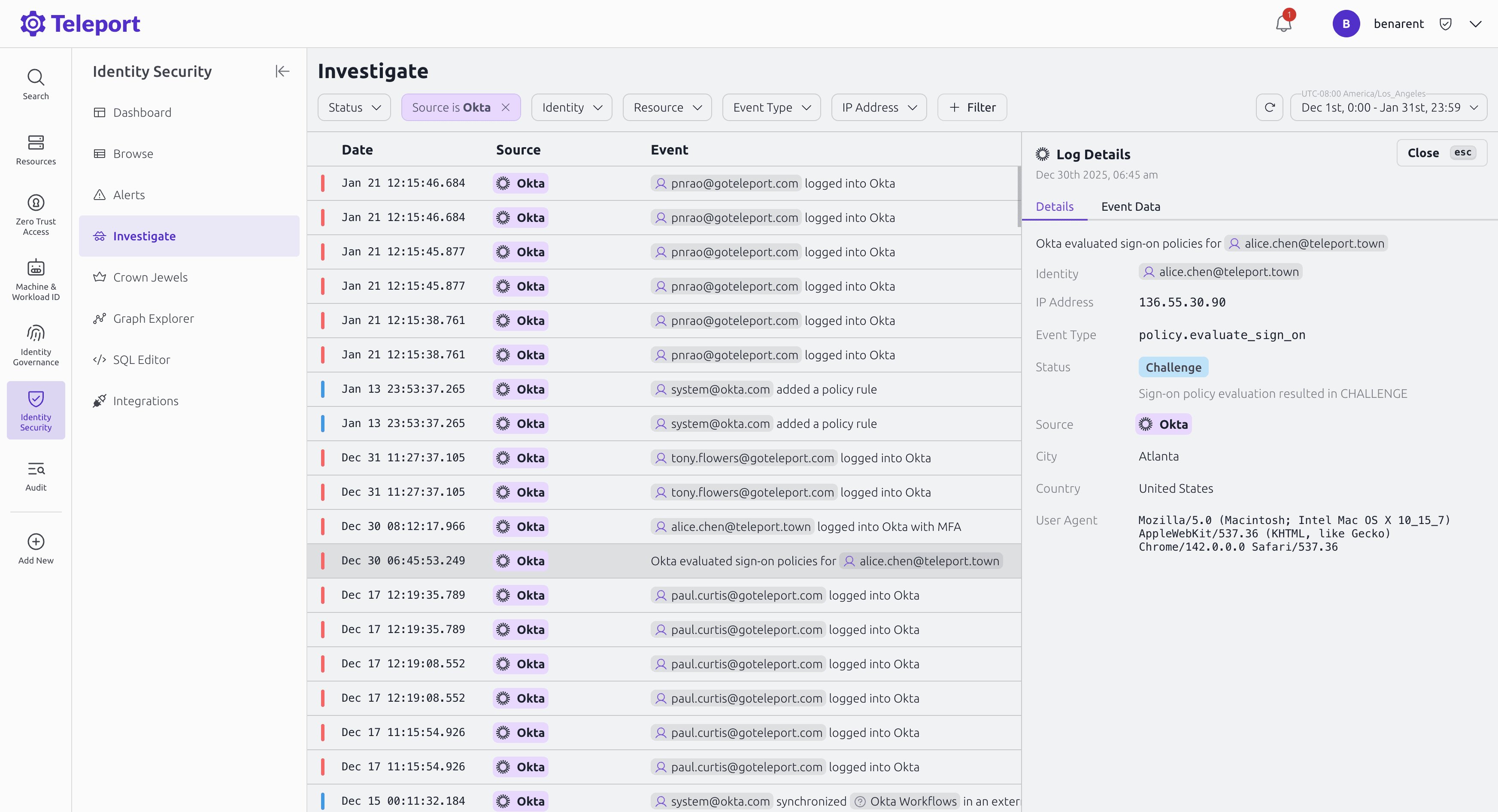 Investigating Okta audit logs in the Identity Activity Center