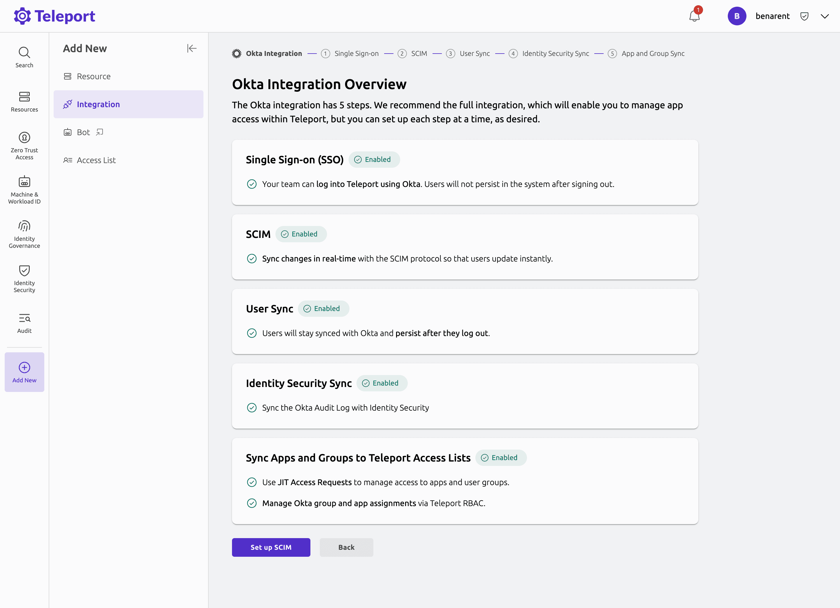Okta Integration Overview showing Identity Security Sync enabled