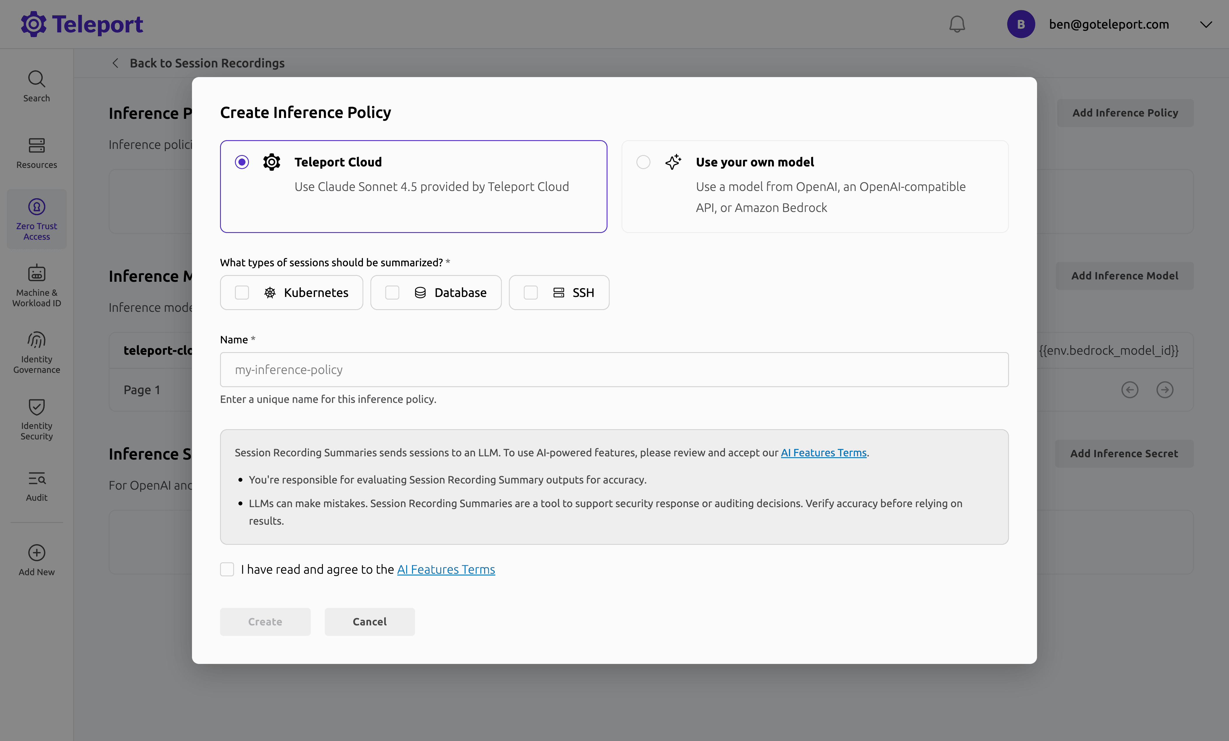 Create Inference Policy dialog in the Teleport Web UI