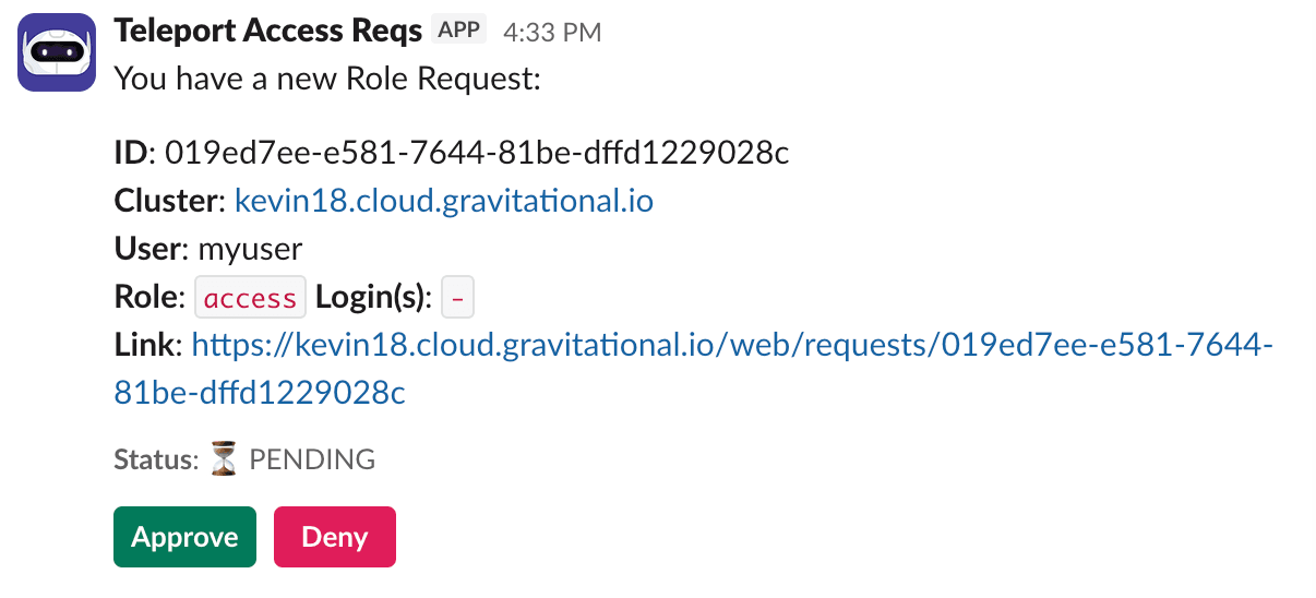 Slack Access Request message with approve and deny buttons