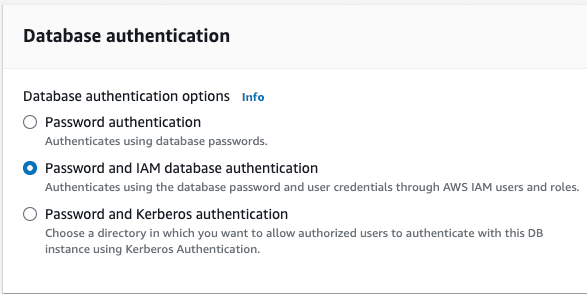 Screenshot of the AWS console setting that enables RDS IAM authentication for an RDS Postgres instance