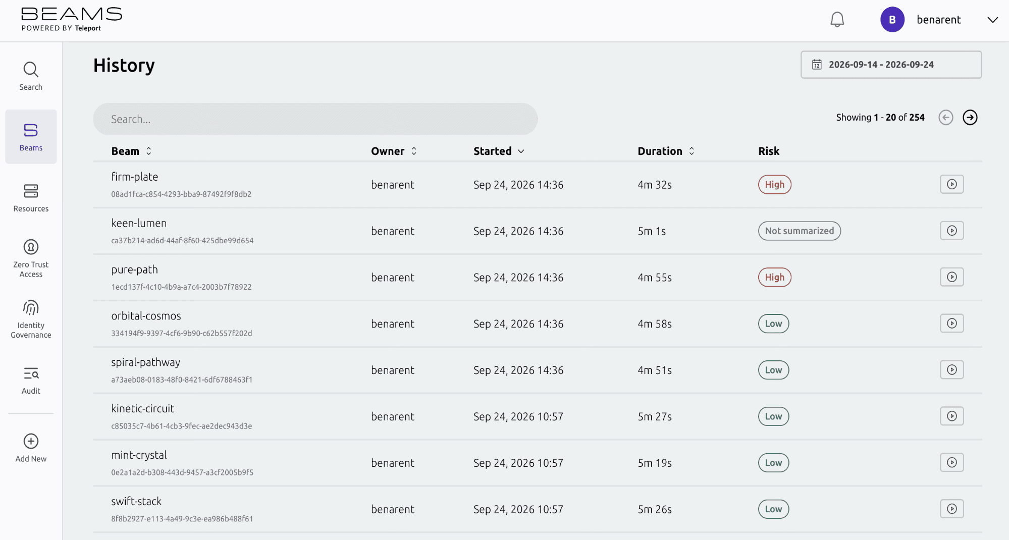 Beams history view with per-beam summaries and risk scores