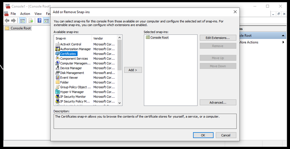 Selecting certificates from Available snap-ins
