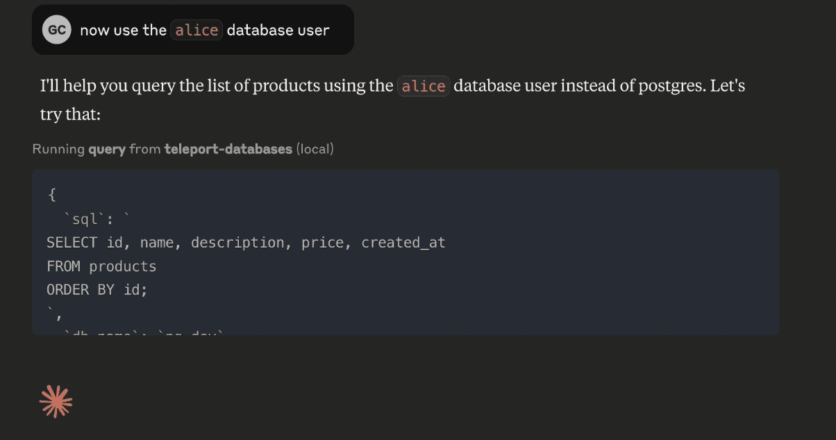Claude AI demonstrating restricted database access with unauthorized user
