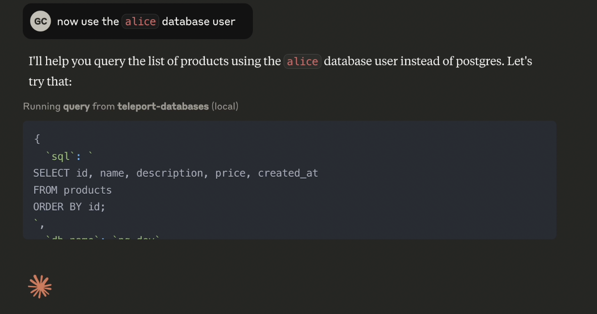 Claude AI demonstrating restricted database access with unauthorized user