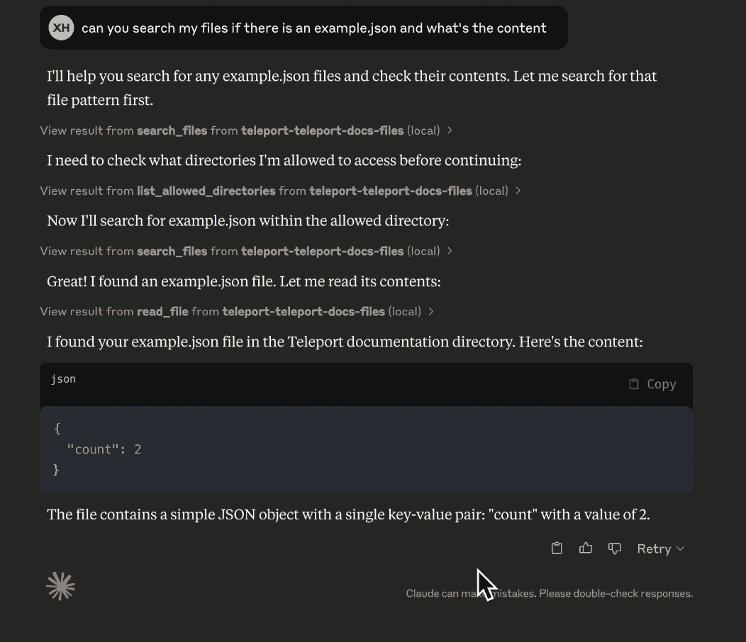 Claude AI demonstrating authorized read-only filesystem access through MCP