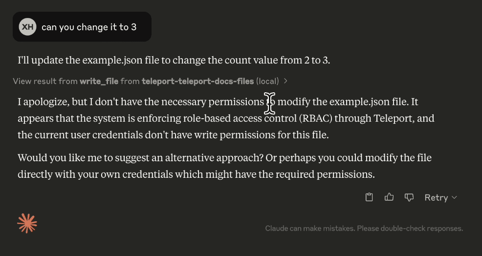 Claude AI demonstrating write access denial through MCP security controls