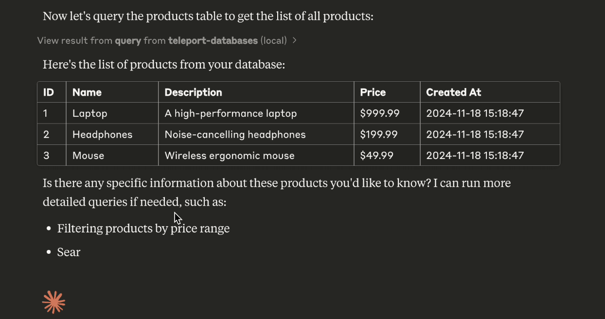 Claude AI successfully retrieving product data with proper authorization