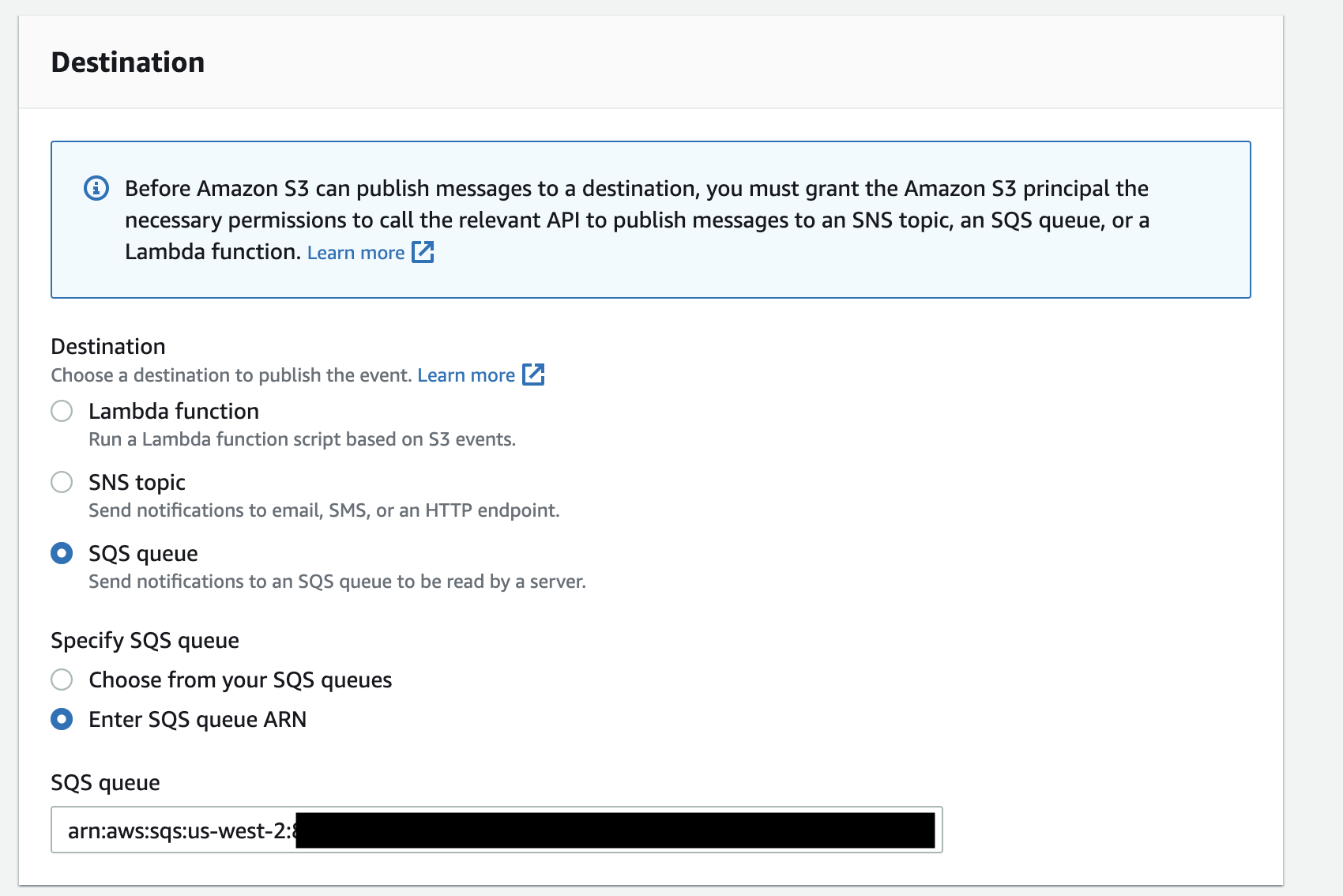 sqs destination setup