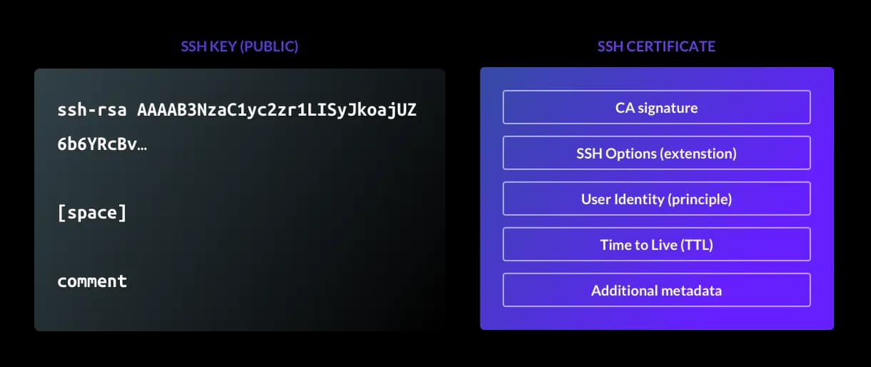A public SSH key contains limited data, whereas an SSH certificate issued from a certificate authority (CA) contains information about the Certificate Authority, user identity, time-to-live (TTL), and additional metadata.