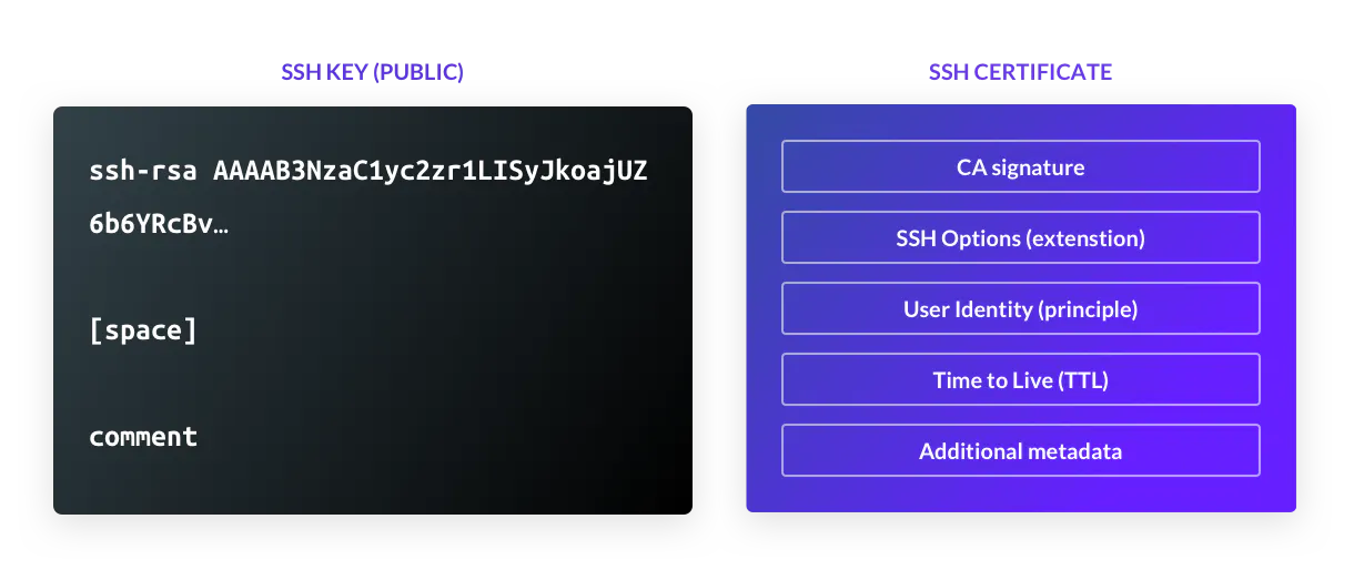 A public SSH key contains limited data, whereas an SSH certificate issued from a certificate authority (CA) contains information about the Certificate Authority, user identity, time-to-live (TTL), and additional metadata.