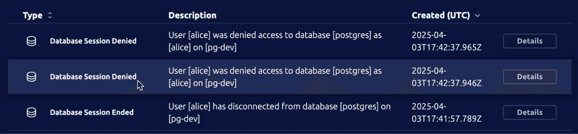 Teleport audit log recording unauthorized database access attempt