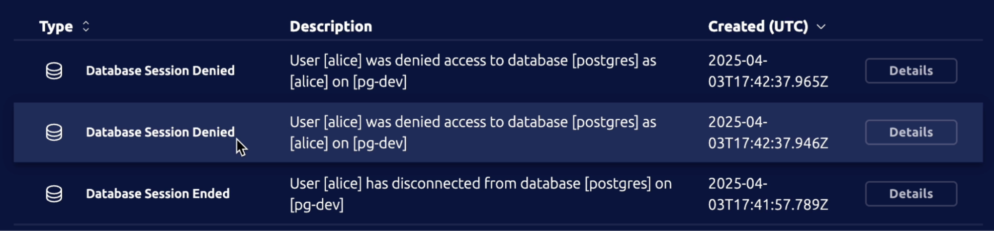 Teleport audit log recording unauthorized database access attempt