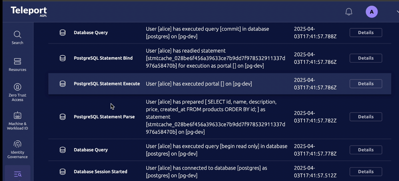 Teleport audit log showing authorized database access events
