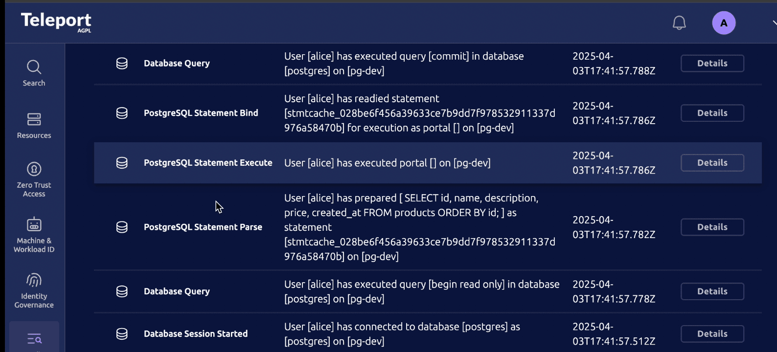 Teleport audit log showing authorized database access events