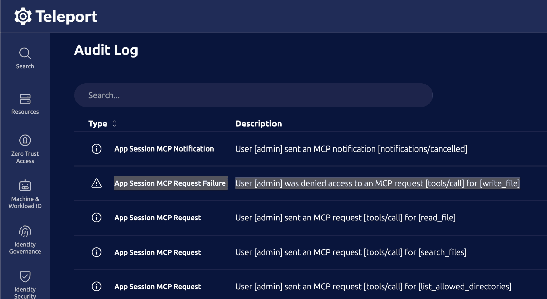 Teleport comprehensive audit logging system tracking all access attempts
