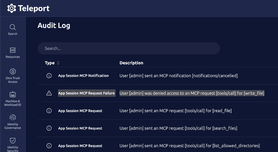 Teleport comprehensive audit logging system tracking all access attempts