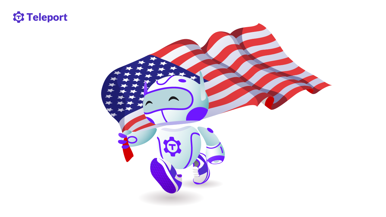Pam the robot walking while holding an American flag