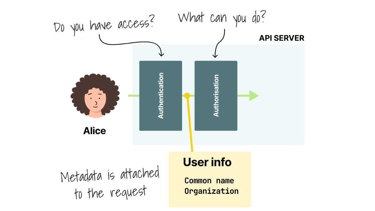 The API server authenticates Alice, attaches her user information, and then authorizes what she can do.