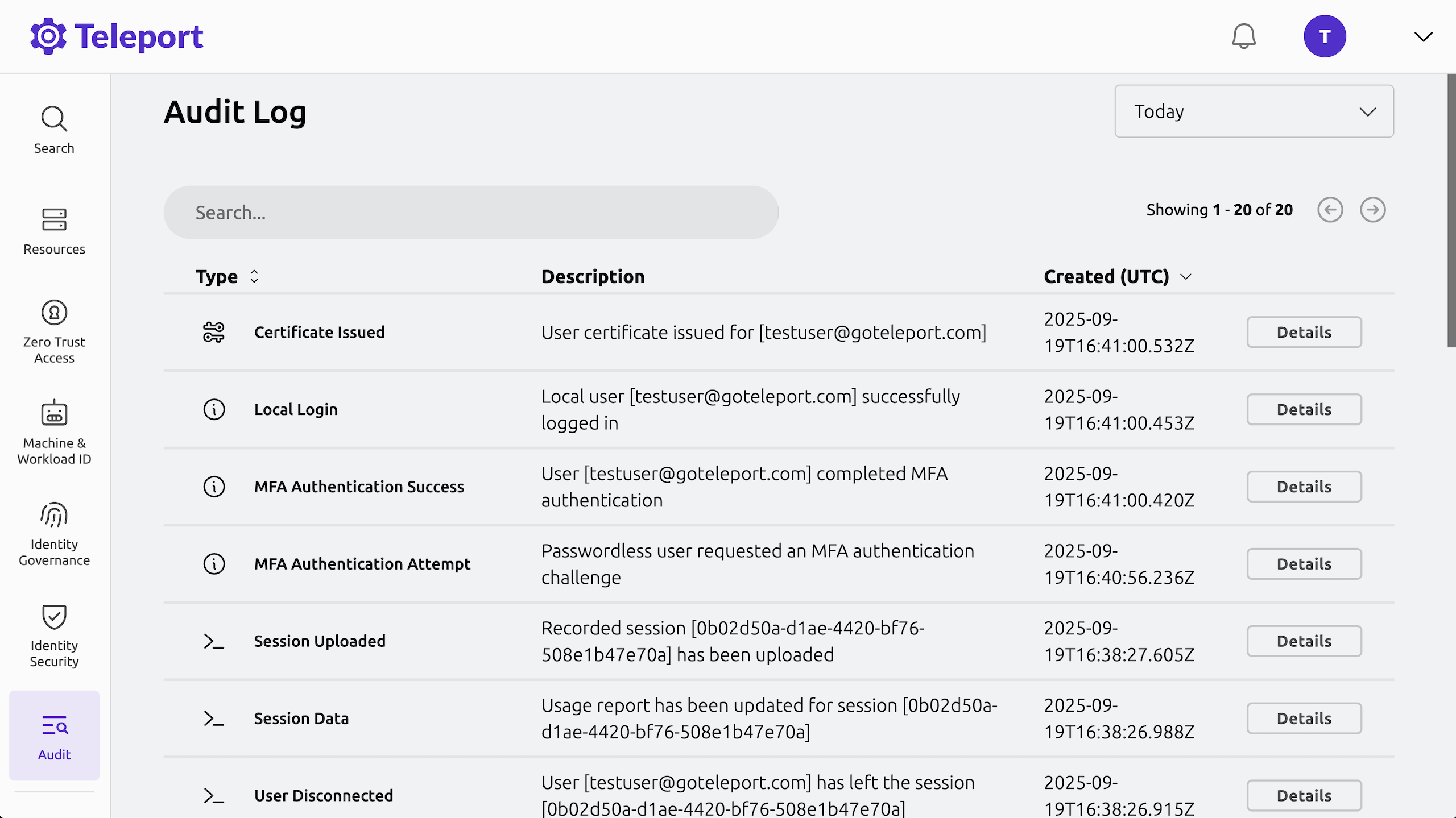 Screenshot demonstrating Teleport's centralized audit log, which captures events such as certificate issuance, local logins, sessions, and more.