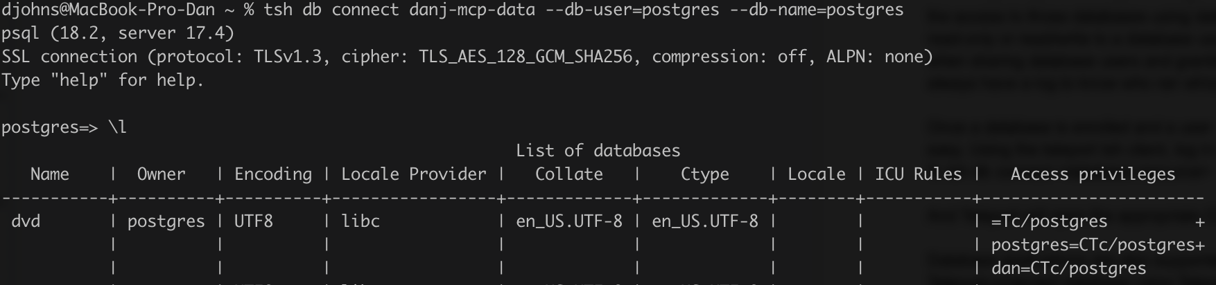 Screenshot: Teleport opens the appropriate CLI client (psql for PostgreSQL, mysql for MySQL, etc.) as if you had connected directly.