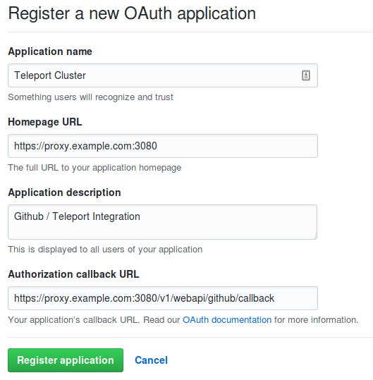 Form to register a new OAuth with the following field names: application name, homepage url, application description, authorization callback URL and a button to register the application