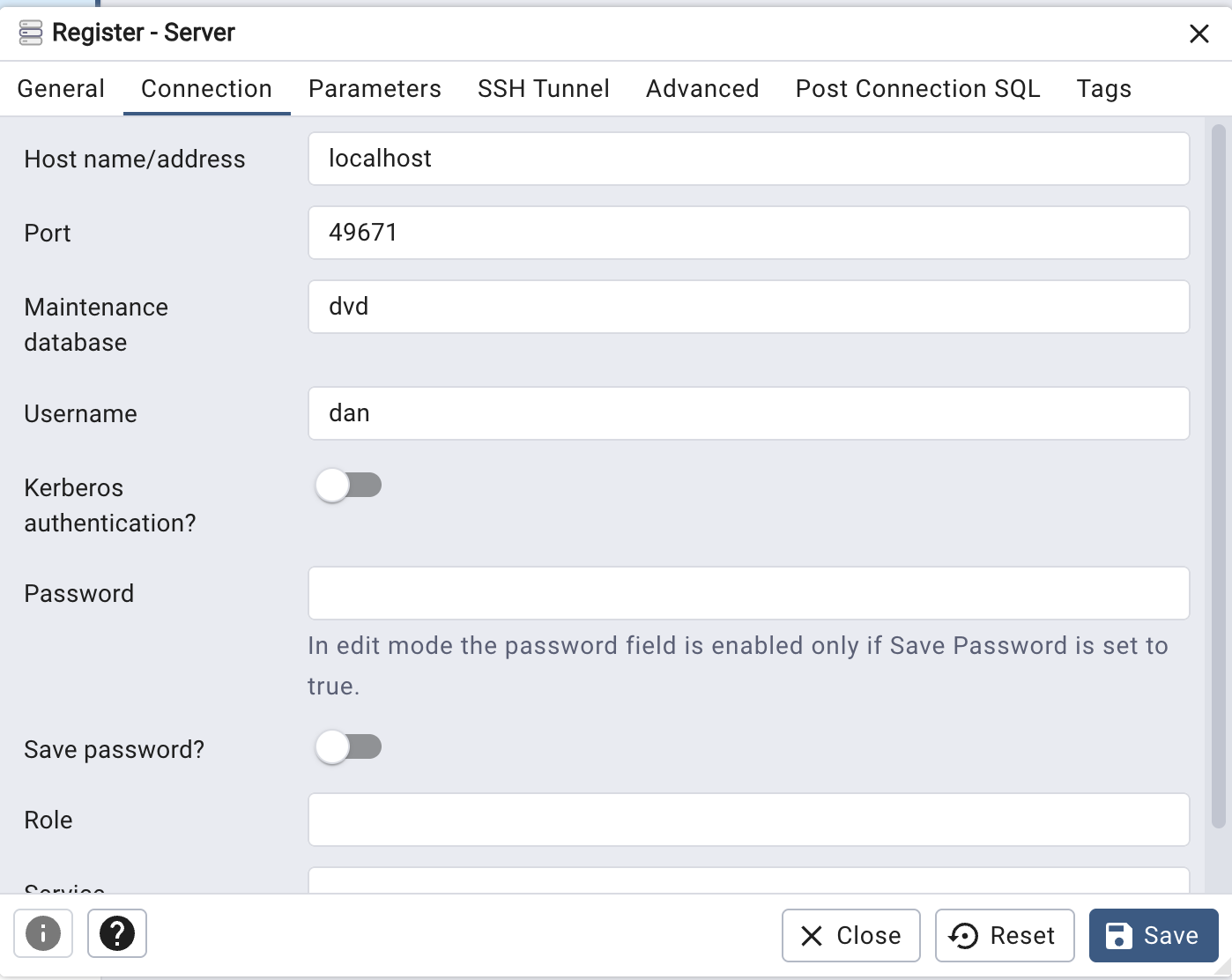 Screenshot: Using the local port to connect to PGAdmin.