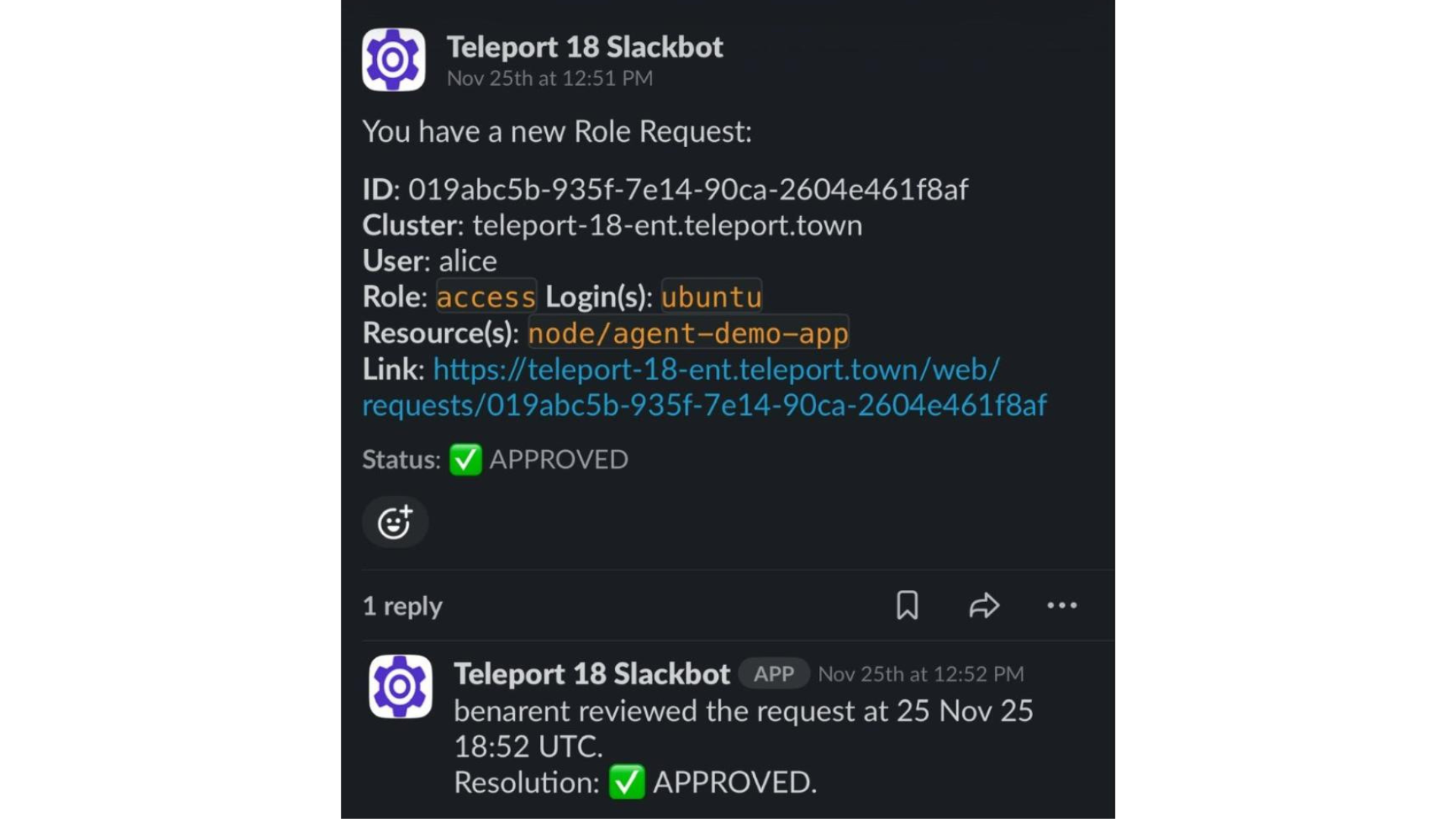 Example of Slack-based access request and approval for an agent requesting a temporary role.