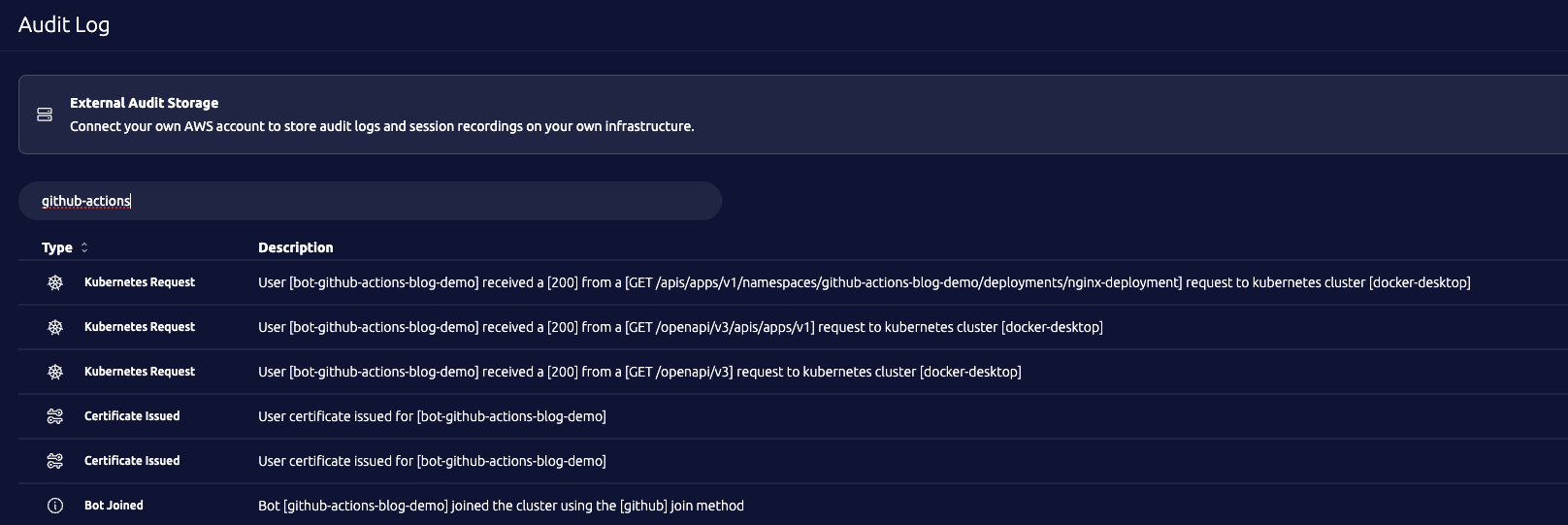 Example of Teleport audit log logging Bot join and Kubernetes request from GitHub Actions.
