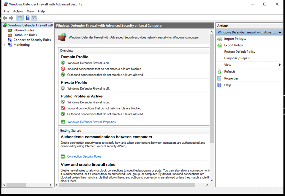 Screen of Windows Defender Firewall with Advanced Security