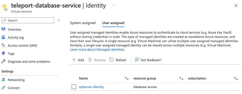 Azure Virtual machine user managed identities page