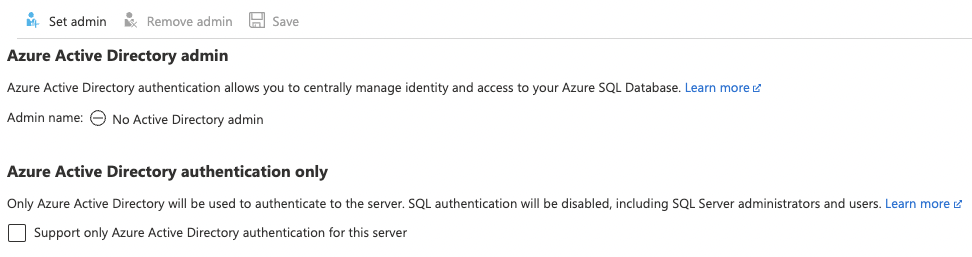 Azure SQL Server Azure Active Directory admin page